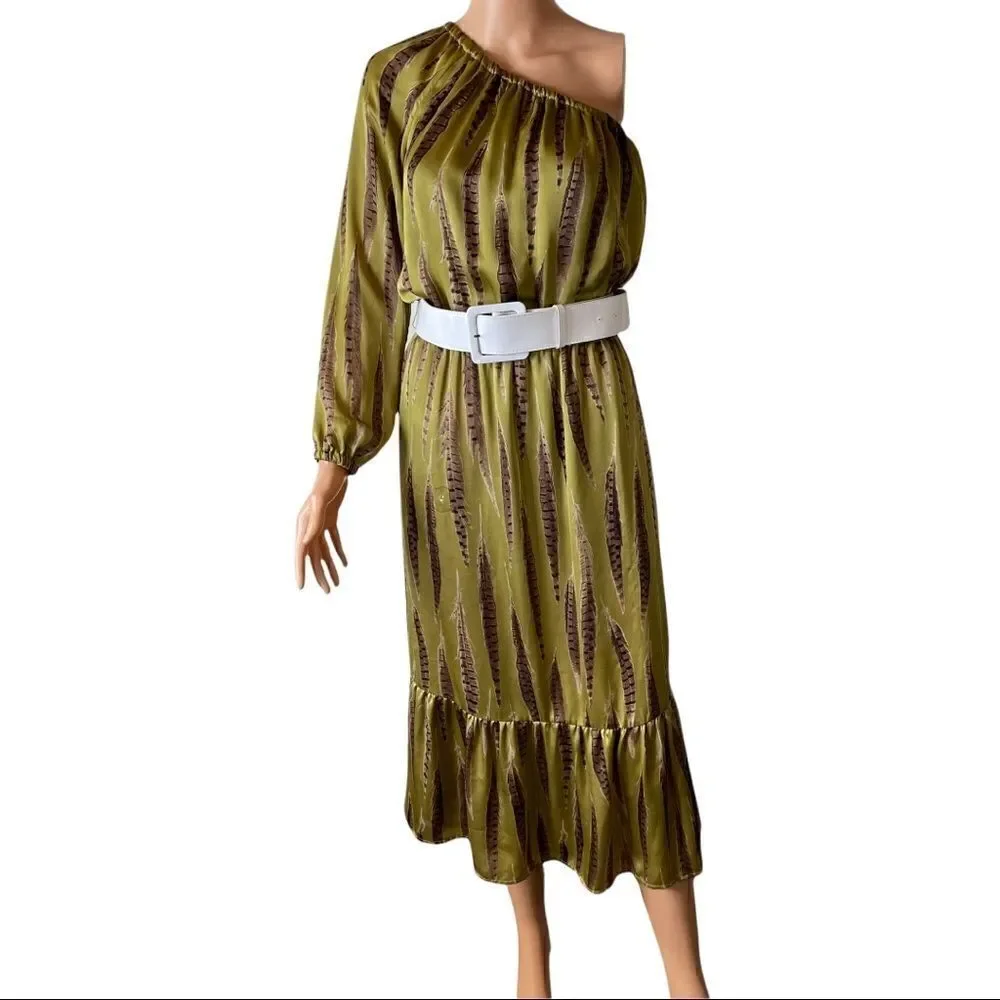 Michael Kors Tarragon Peasant One Shoulder MIDI Dress XSMALL